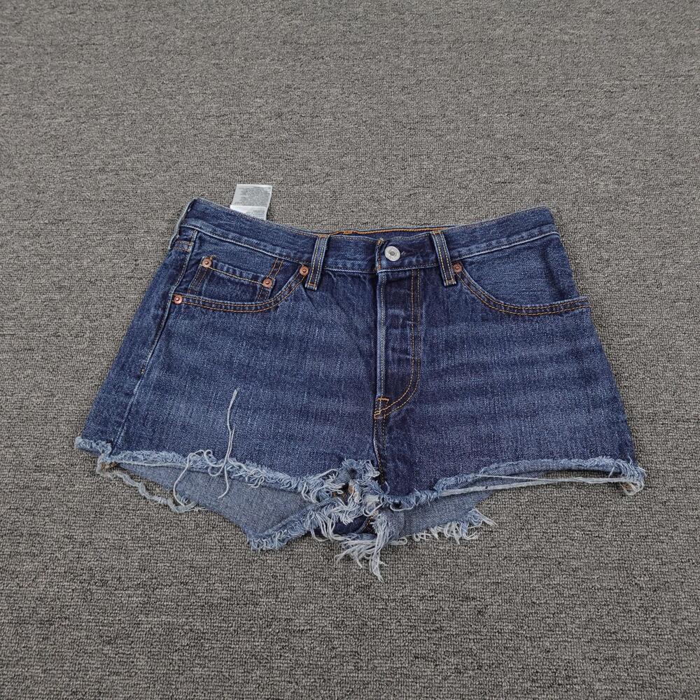 Levi's 501 Shorts Womens W28 Blue Denim High Rise Button Fly Distressed Cutoff